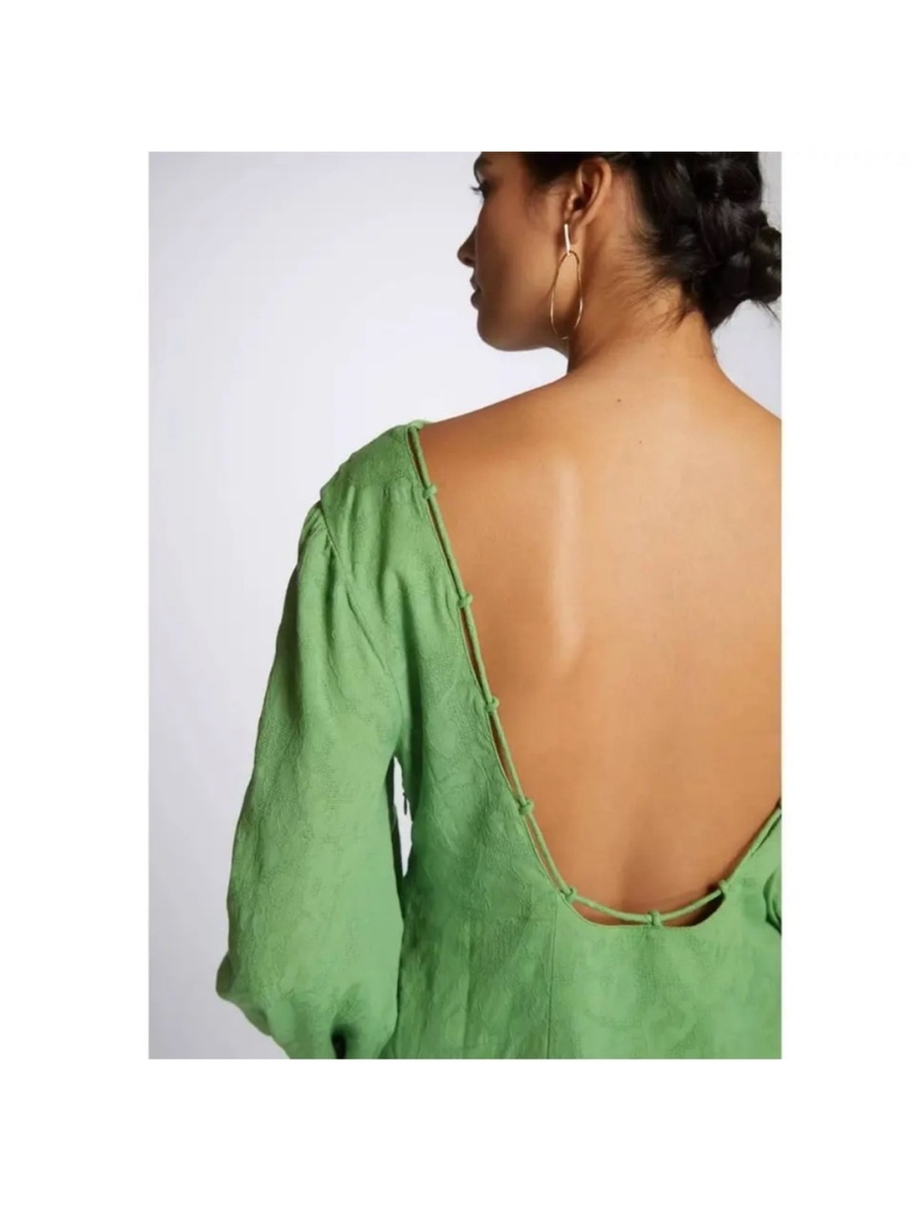 Maeve Anthropologie Green Jacquard Open Back Midi Dress Puff Sleeve US 10 - Picture 14 of 14